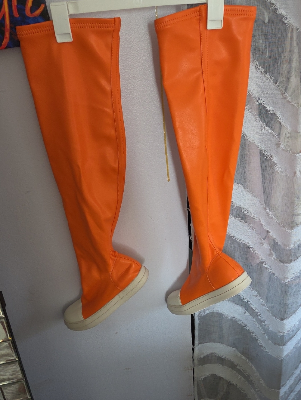 Tall Orange Knee-High Boots with Cream Soles